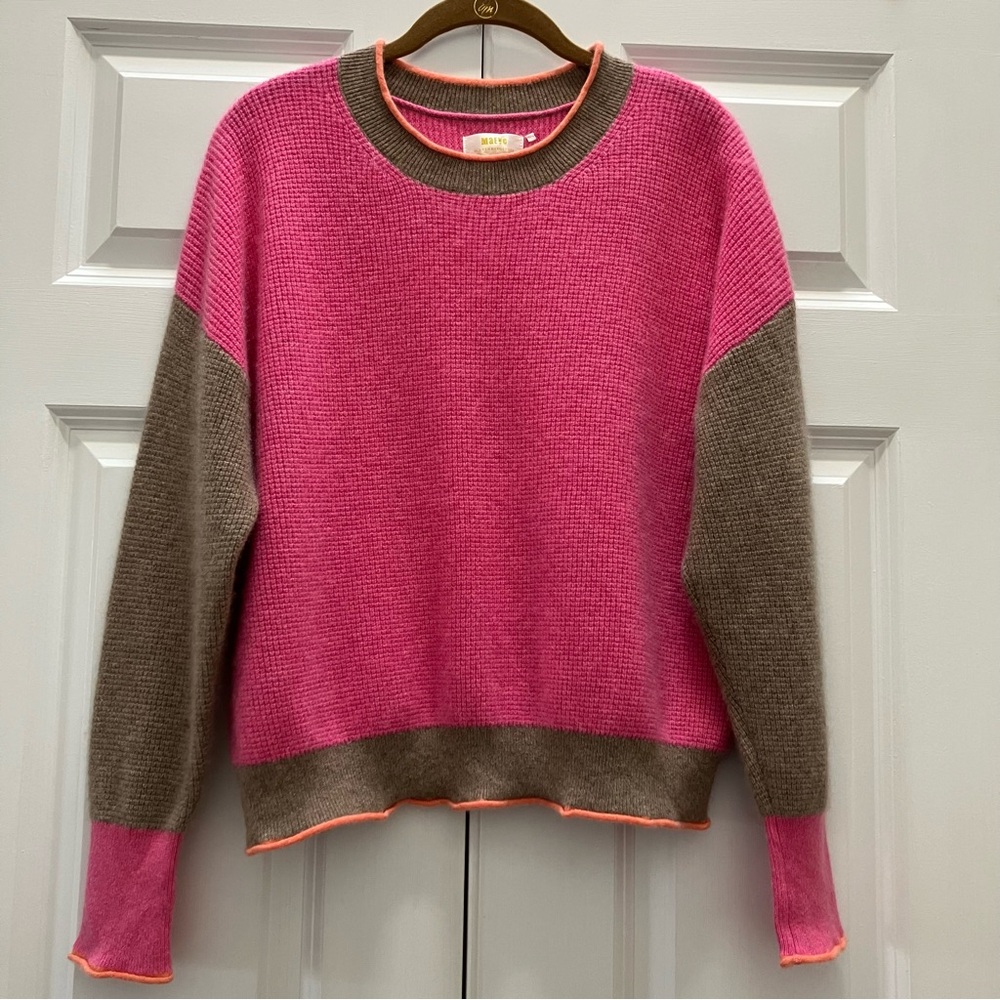 Maeve Anthropologie 100% Cashmere Colorblock Sweater Waffle Knit Pink Large - Picture 3 of 14